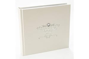 Happy Homewares Ivory Wedding Day Photo Album in Silver Plated Text and Diamante Heart Jewel with Beautiful Floral Decoration - Ideal Wedding Gift