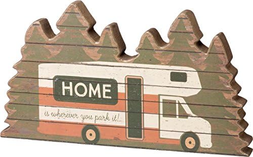 Home is Where You Park It Camper in Pine Trees Chunky Wood Shelf Sitter Sign