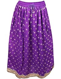 Womans Maxi Skirt Printed Golden Border Boho A-Line Fit and Flare Vintage Long Skirts M/L