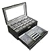 Sodynee® Watch Box Large 12 Mens Black Pu Leather Display Glass Top with Jewelry Box Case Organizer Tray