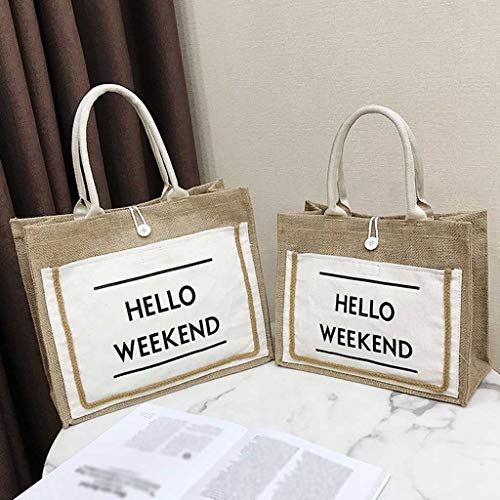 DZTZ Hello Weekend Women's Linen Handbag Large Capacity Casual Weekend Shopping Bag Tote Handbag Work Bag (L, White) - Thumbnail 5
