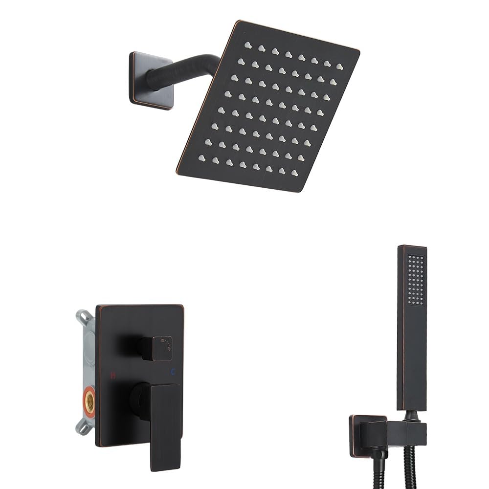 JingGang Oil Rubbed Bronze Shower System 6 Inch Bathroom Rain Mixer Shower Combo Set Wall Mounted Rainfall Shower Head and Handheld System Shower Faucet Set Rough-in Valve Body and Trim Kit Image