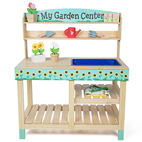 Wooden Toy Gardening Center Indoor Playset 22 Pc Garden Set w Flowers