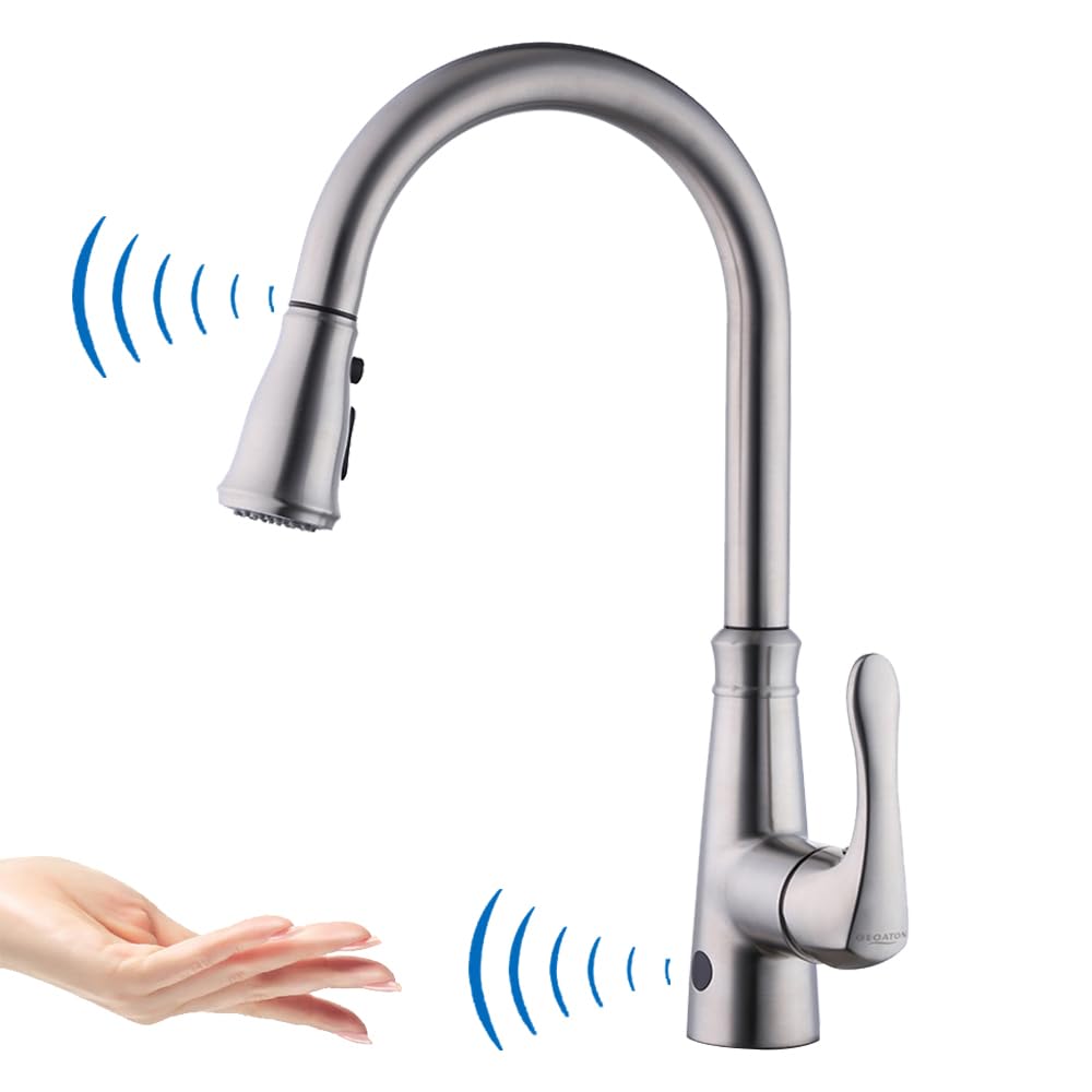 GEOATON Sensor touchless Kitchen Sink Taps Automatic Sensor Kitchen Sink Mixer Faucet with Pull-Down Sprayer Single Lever Swivel Spout Brushed Nickel…