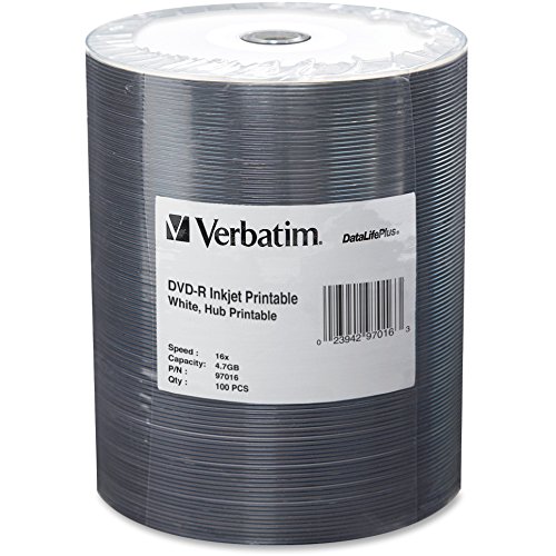 VER97016 - Verbatim DVD-R 4.7GB 16X DataLifePlus White Inkjet Printable, Hub Printable - 100pk Tape Wrap