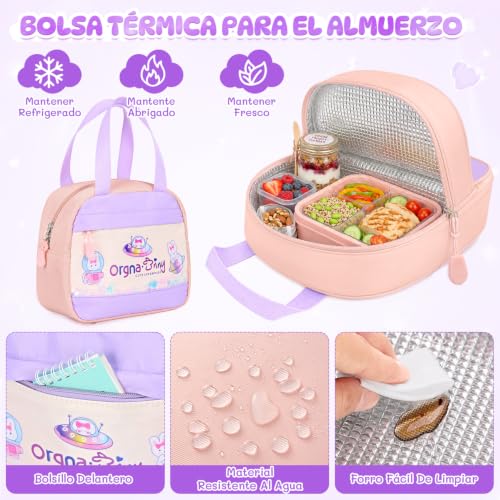 Nasjac Mochilas Escolares para Niñas de Primaria con Bolsa Térmica y Estuche, Mochila Escolar Infantil Gran Capacidad, Simpático conejito, Mochilas Multifuncional Informal Para Viajes, Escuela