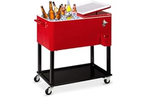SSLine Portable Rolling Patio Cooler Ice Chest with Wheels Outdoor Cold Drink Beverage Bar Cart with Storage Shelf & Bottle Opener Home Deck Backyard Party Cooler Tub Trolley Cart