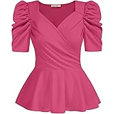 GRACE KARIN 2025 Womens Tops Elegant Peplum Top Wrap V Neck Puff Short Sleeve Summer Tops Blouse