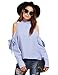 SheIn Women's Striped Ruffle Stand Collar Cold Shoulder Blouse Large Blue