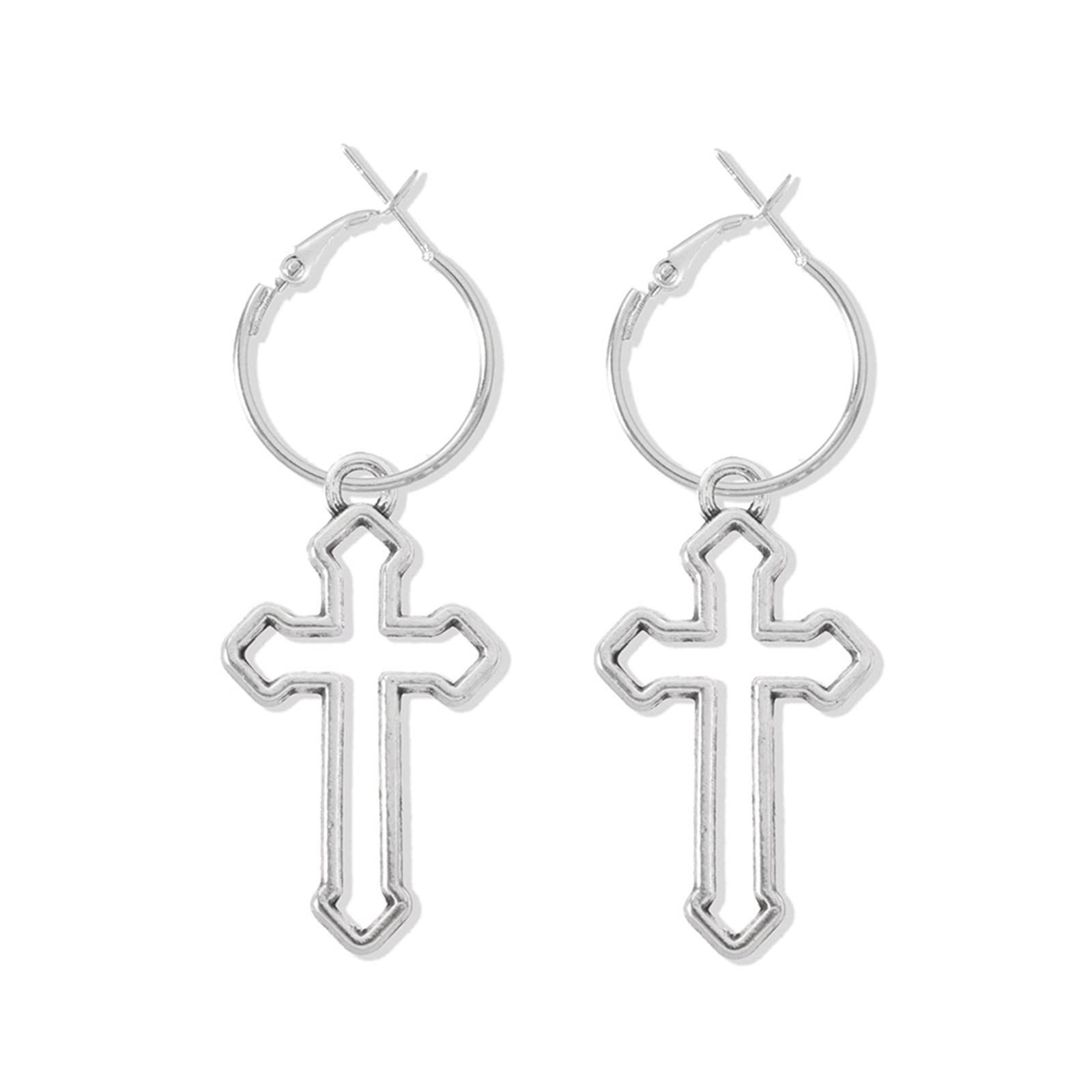 Yienate Punk Cross Earrings Dangling Hollow Cross Earrings Studs Simple Charm Gothic Silver Earrings Jewellery for Women and Girls