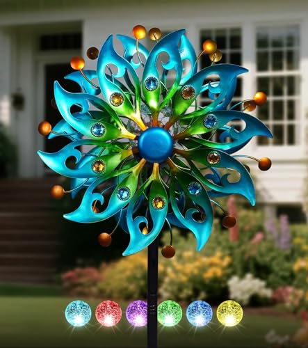 VUFOZ Solar Wind Spinners Outdoor – H63xW13 Metal Kinetic Garden Spinner with Crackle Glass Ball & Built-in Solar Panel – Peacock-Style Yard Wind Sculpture with LED Light