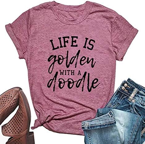 MYHALFLife is Golden with a Doodle Shirt for Women Funny Dog Mama Tees Short Sleeve Mum T-Shirt Tops