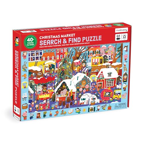 Mudpuppy Christmas Market – 64 Piece Search & Find Jigsaw Puzzle Featuring Festive Critters Shopping Around The Christmas Market and Over 40 Hidden Images to Find