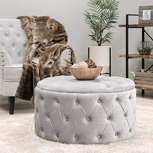 Best Choice Products 29.5in Round Modern Button-Tufted Velvet Ottoman Footrest Stool Accent Furniture, Coffee Side Table for Living Room, Bedroom w/Wood and Foam Frame - Light Gray