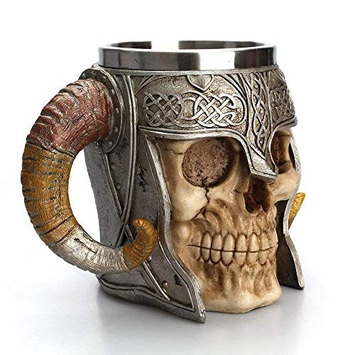 Taisuko mittelalterlicher Becher, Edelstahl-Widder Gehörnter Wikinger-Pirat gotischer Tankard-Becher, mittelalterlicher Skelett-Krug Stein für Bier Wein Kaffee Rum Trinkwasser - 500 ml (17 Unzen) – Bild 3