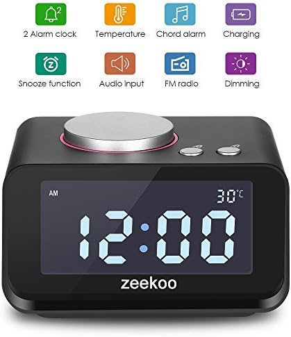 Digital Alarm Clock FM Radio,with Dual Port USB Charger,Indoor Thermometer, Music player，Brightness Dimmer Night light,Dual Alarm, AUX-IN for Kid, Daily Life, Heavy Sleepers By Zeekoo (Black)
