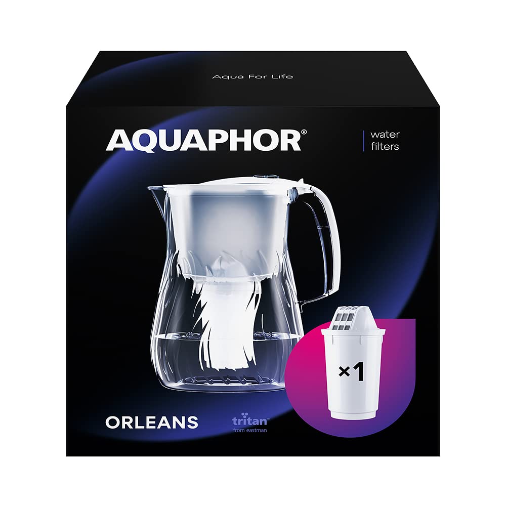 AQUAPHOR Orleans Water Filter Jug 4.2L, for reduction of limescale, Chlorine and other impurities, 1x A5 350 litre Added Magnesium Cartridge - Premium Water Filter jug in Glass effect - White