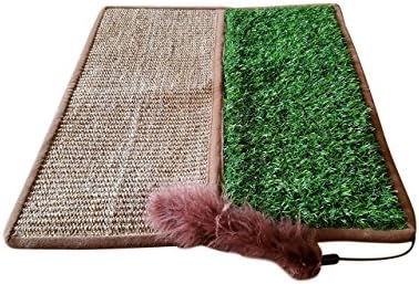 Pawfect Pets Premium Interactive Cat Scratch and Lounge Mat with Artificial Grass, Crinkle Sound and Feather Toy