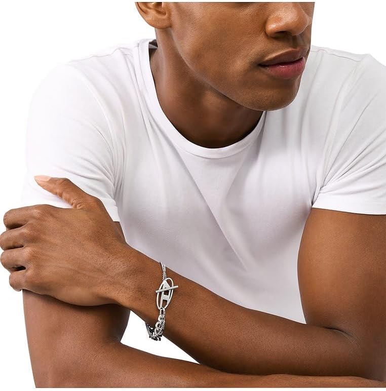 Bracciale da Uomo in Acciaio Inossidabile con Chiusura a T, Argento Moneta