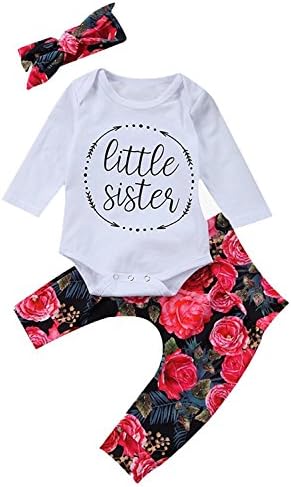 Sleezy Newborn Baby Girls Little Sister Bodysuit Tops Floral Pants Bowknot Headband Clothes Outfits Set for 0-24M (Tag 70/ 0-6 Months, White&amp;Floral)