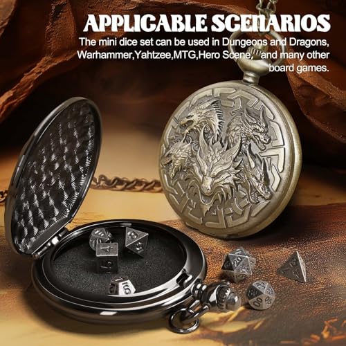 D&D Dice Set,7PCS Metal Dice for Dungeons and Dragons,Mini Dice Set with Pocket Watch Case,Role Playing Board Games Accessories (Dragon, Bronze)