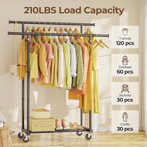 HYSEYY Double Rods Clothing Rack, Rolling Clothes Rack, Metal Garment Rack with 4 Lockable Wheels & Storage Shelf, Sturdy Coat Rack for Bedroom, Laundry, Living Room - 160H x 113W x 42D cm (Black)