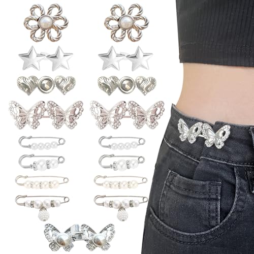 16 Set Pant Waist Tightener, Adjustable Butterfly Pins for Loose Jeans, Reusable Waist Adjuster for Pants Women, Silver Metal, Cap, Flat, Dome, Trapezoid Styles