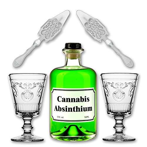 Cannabis Absinthium 0,5l - 55% vol. Alc. + 2x Absinth Glas"Versailles" 200ml + 2x Absinth Löffel"Antique"