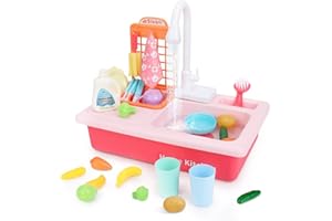 BOBXIN Play Sink with Running Water, Kids Pretend Play Kitchen Toy Sink for Girl, Role Play Electric Dishwasher Kitchen Water Toys Set with Upgraded Working Faucet and Dishes Playset for Boy Toddler