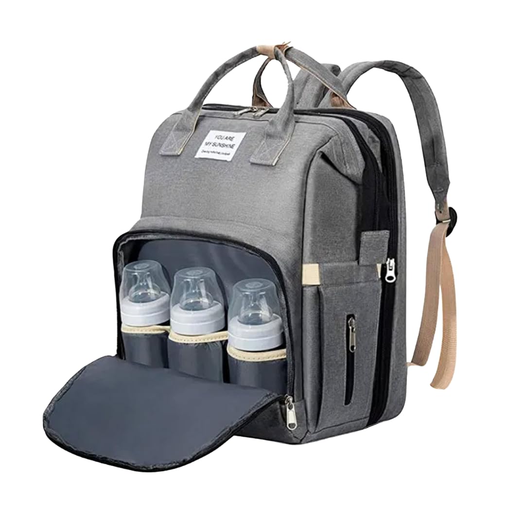 LP Fusion Nappy Backpack - Nappy Bag with Foldable Baby Cot, Insulated Bottle Holders, Waterproof Travel Design for Moms and Dads, gray, Mittelgroß