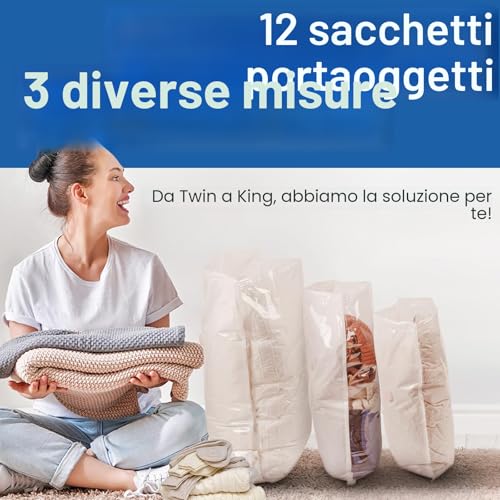 Vacbird Clothes Vacuum Bags with Electric Pump, Pack of 12 (4 Large, 4 Medium, 4 Small), Space-Saving Bags for Clothes, Blankets, Pillows, Travel, Sheets, Plush Toys