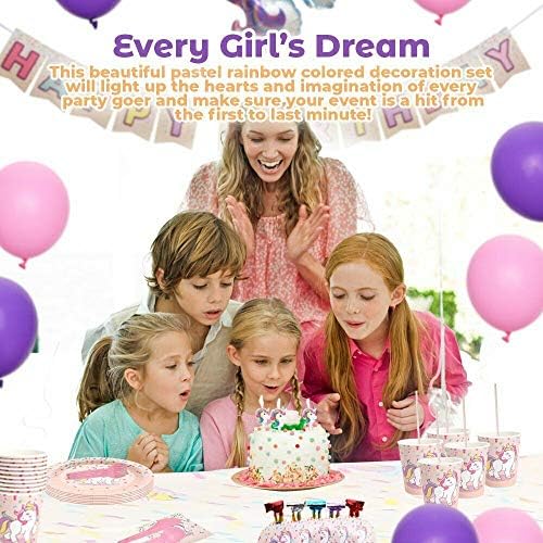 APACHICHI Unicorn Party Supplies Set - Unicorn Themed Party Favors - Birthday Decorations with Disposable Tableware Cutlery - Bunting, Cake Topper, Horns, Gift Bags - Banner, Mask, Candles, Disposable Paper Plates- Cups, Napkins, Straws, Plastic Table Cloth, Balloons, Invitations- Serves 10