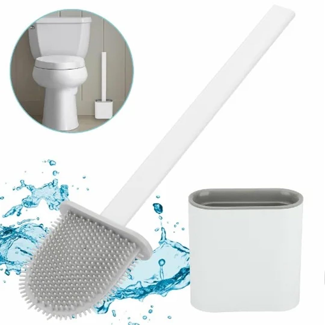 Silicone Toilet Brushes & Holders – Pack of 1 Long Non-Slip Handle, Flexible Bristles for Easy Cleaning – Modern Drip-Free Base, Durable White Bathroom Toilet Brush Set With Holder