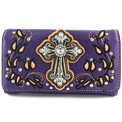 Justin West Western Floral Rhinestone Side Pocket Cross Slim Handle Handbag Purse Tote and Strap Wallet (Purple Wallet Only)