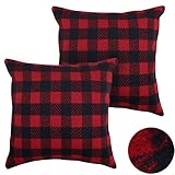 Deconovo Home Decorative Sofa Throw Pillowcases Scottish Tartan Plaid Throw Cushion Cover 18x18 Inch Red and Navy Blue A Set of 2