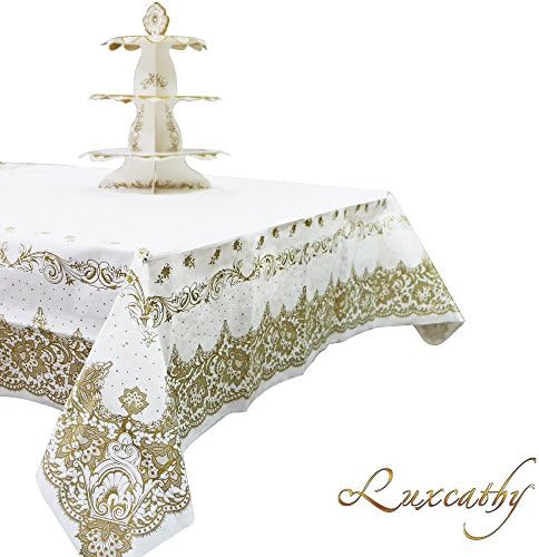Luxcathy Disposable White Table Cover with Gold Lace Edge (55 by 55 Inches, Square) for Weddding, Banquet, Party, and Anniversary