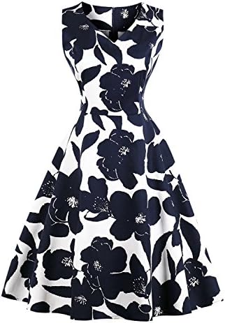 kyrakiss Women Vintage 1950s Retro Rockabilly Prom Floral Sleeveless Casual Cocktail Party Swing Midi Tea Knee Length Dress