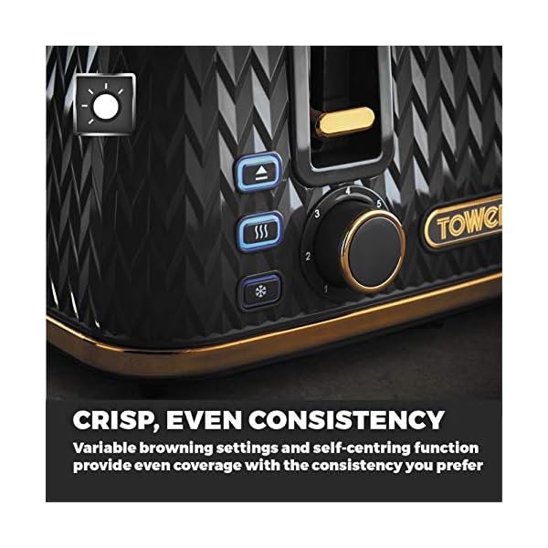 Tower T20061BLK Empire 4-Slice Toaster with Defrost/Reheat, Removable Crumb Trays, 1600W, Black and Brass