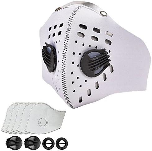 Shenggetu Pollution Mask Dust Mask Activated Carbon Dustproof with 5 Extra Activated Carbon Filters and 2 Valves for Exhaust Gas, Pollen Allergy, PM2.5, Running, Cycling, Outdoor Activities (White)