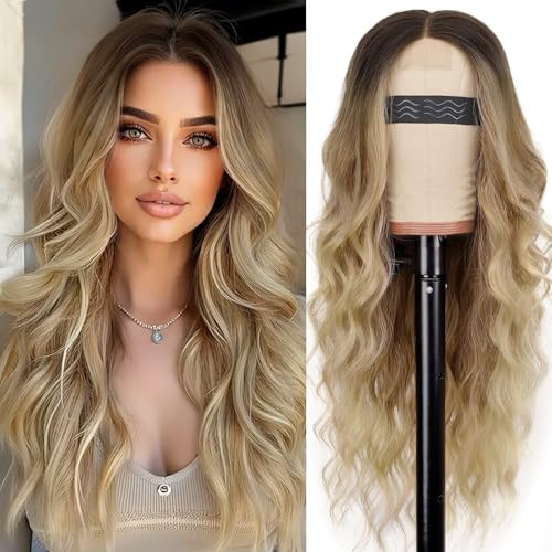 Photo 1 of AISI HAIR Blonde Wig for Women, Long Wavy Lace Hairline Blond Synthetic Middle Part Ombre Blonde Wigs for Daily Party-26 Inch