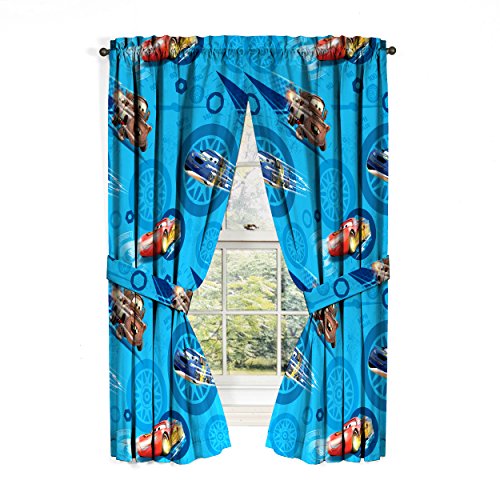 Disney/Pixar Cars 2 Movie City Limits Blue Drapery/Curtain 4pc Set (Two panels, two tie backs) wth Lightning McQueen, Mater & Flash (Offical Disney/Pixar Product)