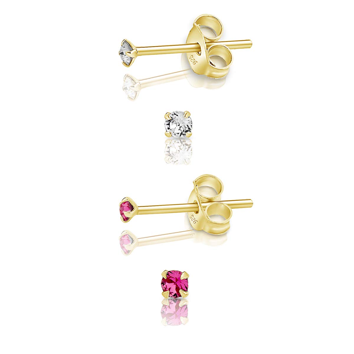 DTPSilver - Set of 2 PAIRS of 925 Sterling Silver Yellow Gold plated Round TINY Stud Earrings made with Glittering Crystals from Swarovski® Elements - Diameter: 2 mm - Colour : Rose