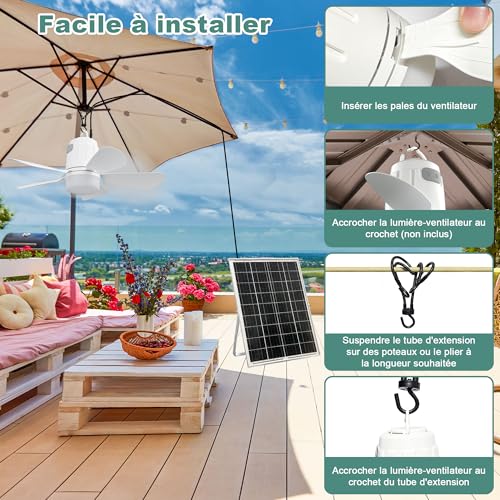 Gliztech Solar Fan with Light, Pavilion Ceiling Fan Lamp, Solar Panel and Remote Control, Suitable for Patio, Parasol, Workshop, Gazebo, Camping Canvas, Terrace.