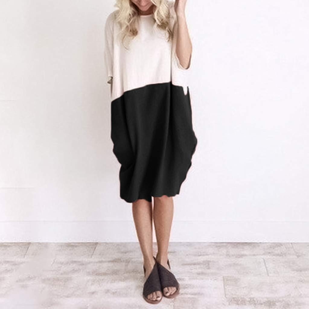POTO Women Dresses, Loose Color Stitching Casual Dresses with Pockets Cotton Linen Tunic Dress Party Dress Beach Dress