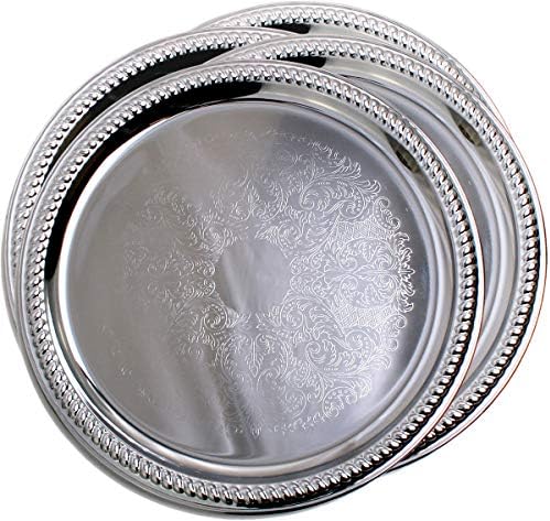 Maro Megastore (Pack of 4) 13" Traditional Round Floral Pattern Engraved Catering Chrome Plated Serving Tray Mirror Decor Plate Silver Metal Platter Tableware Wedding Birthday (Large) T139-13-4PK