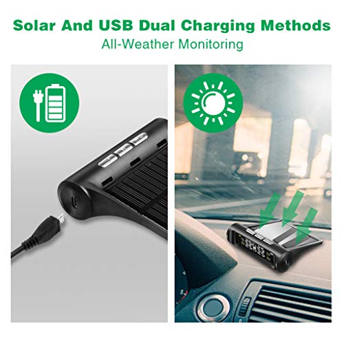 VSTM Tire Pressure Monitoring System TPMS,Solar Power Universal Wireless Car Alarm System with 4 External Sensors,6 Alarm Modes,LCD Real-time Display Pressure & Temperature Alerts Ensure Safe Driving