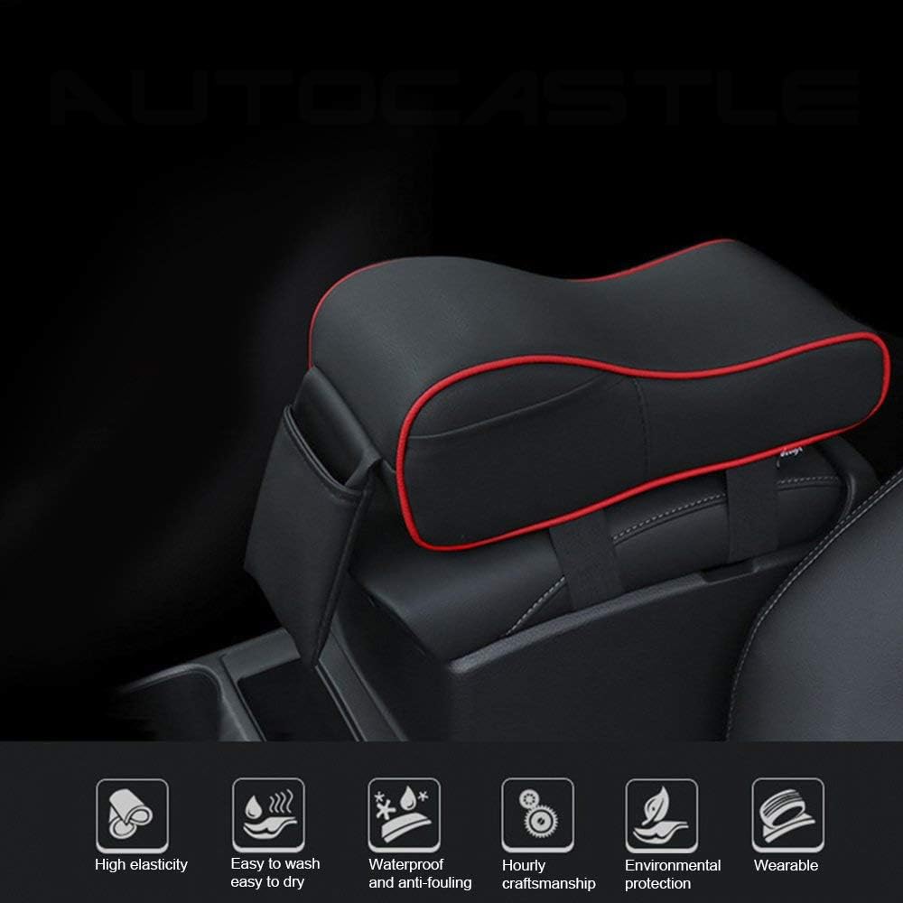 Car Center Console Armrest Pad Soft Memory Foam Pu Leather with Storage Pockets Seat Cushion (Black)
