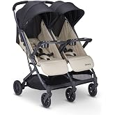 Joovy Kooper X2 Lightweight Travel Double Stroller, Sand | Compact tri-fold design, dual child snack trays, independent deep recline, 2 zippered pockets