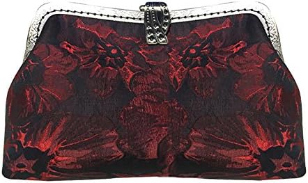 Castle Fairy Women's Vintage Handmade Floral Cloth Clutch Handbag Purse with Detachable Chain (Burgundy)