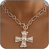 LOOKLITE Gold Chunky Cross Necklace for Women Statement Cross Pendant Necklace Layered Hammered Bold Necklace Non Tarnish Vintage Toggle Clasp Necklace Jewelry